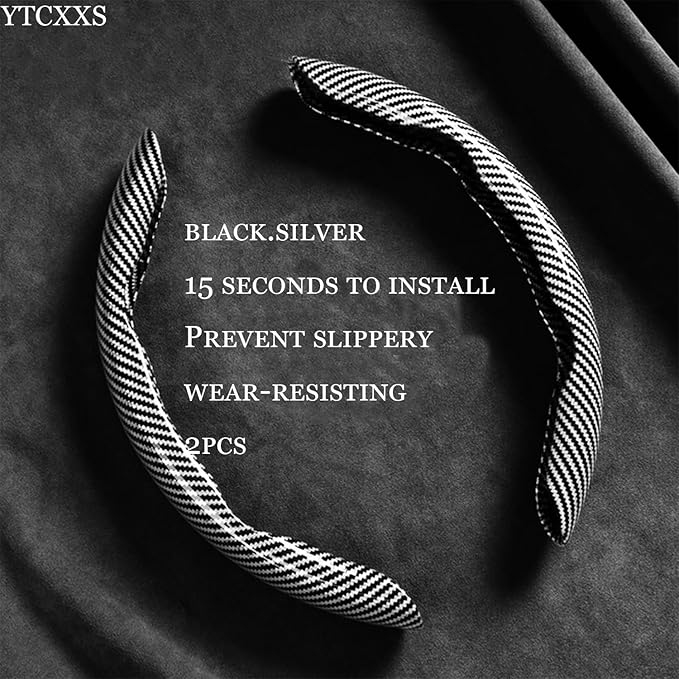 Carbon Fiber Steering Wheel Cover Anti Slip Car Steering Wheel Protectior Cover 2Pcs 15 Inch Universal Car Interiors Accessories (Silvery White)