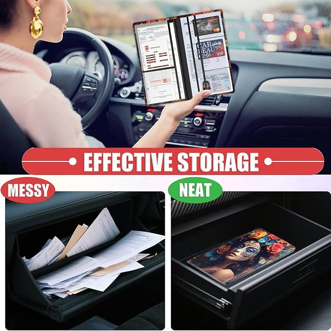 Car Document Holder with Magnetic Shut, Car Registration & Insurance Card Holder, Waterproof PU Leather Glove Box Organizer Vehicle Accessories Driver License for Women/Men, Butterfly Rose Girl