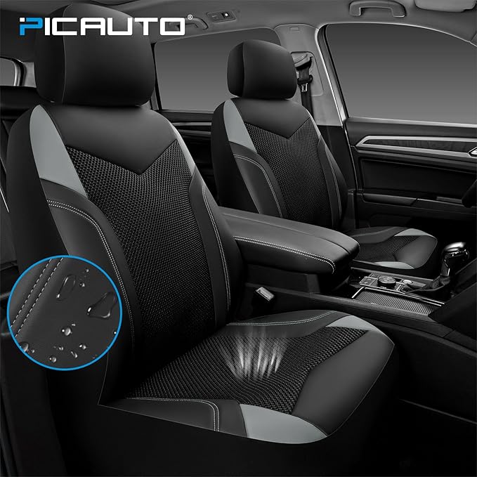 PIC AUTO Car Seat Cover, Super Breathable Mesh Front Seat Cover for Cars, Gray Leather Seat Covers, Universal Fit, Durable, Airbag Compatible, Suitable for SUVs, Trucks, Sedans, and Vehicles