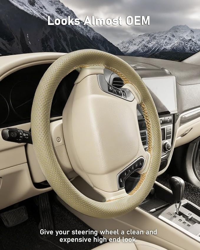 BELINOUS Universal Leather Car Steering Wheel Cover, Stitch On Wrap (Size M5, Beige)