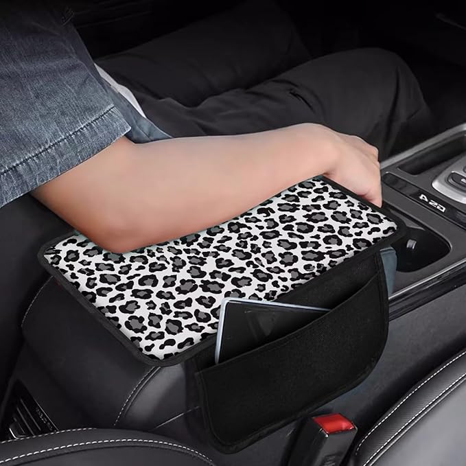 Dreaweet Grey Leopard Print Car Center Console Cover Cheetah Car Accessories for Women,Car Armrest Seat Box Cover Soft Vehicle Center Console Armrest Cover Pad Universal Armrest Cushion Pad
