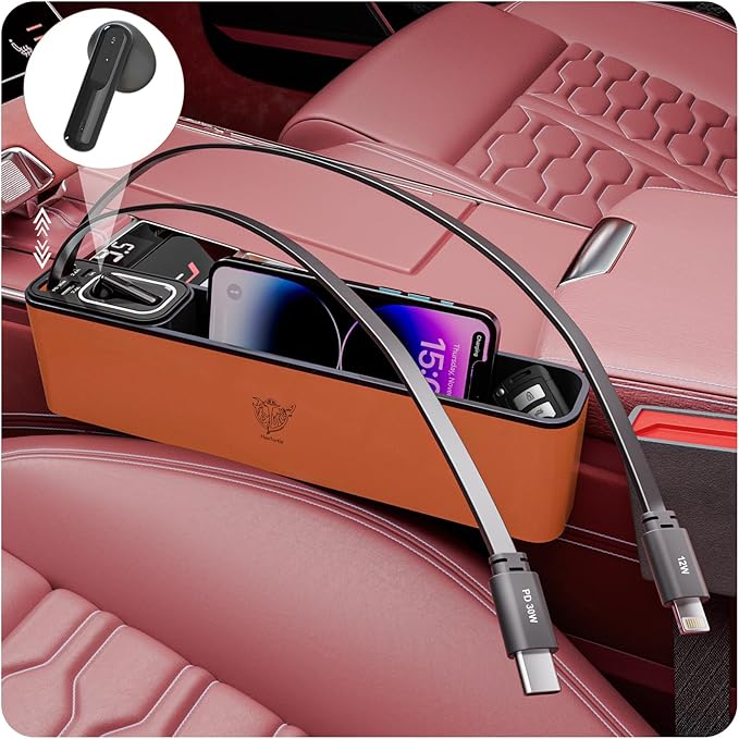 FlexTurtle Car Seat Gap Filler Organizer with 69W Retractable Car Charger & Bluetooth Earpiece for Driving Calls, Car Accessories with Trucker Headset, Fits Sedans, SUVs, Pickup Trucks & Crossovers