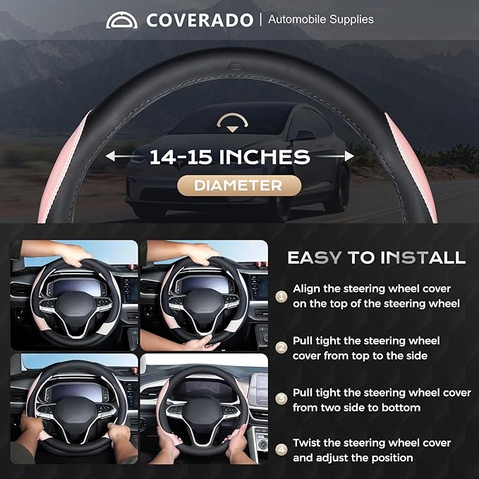 Coverado Car Steering Wheel Cover, Nappa Leather Black & Pink Steering Wheel Covers for Women, Universal 14-15 inch, Anti-Slip, Breathable Steering Wheel Protector
