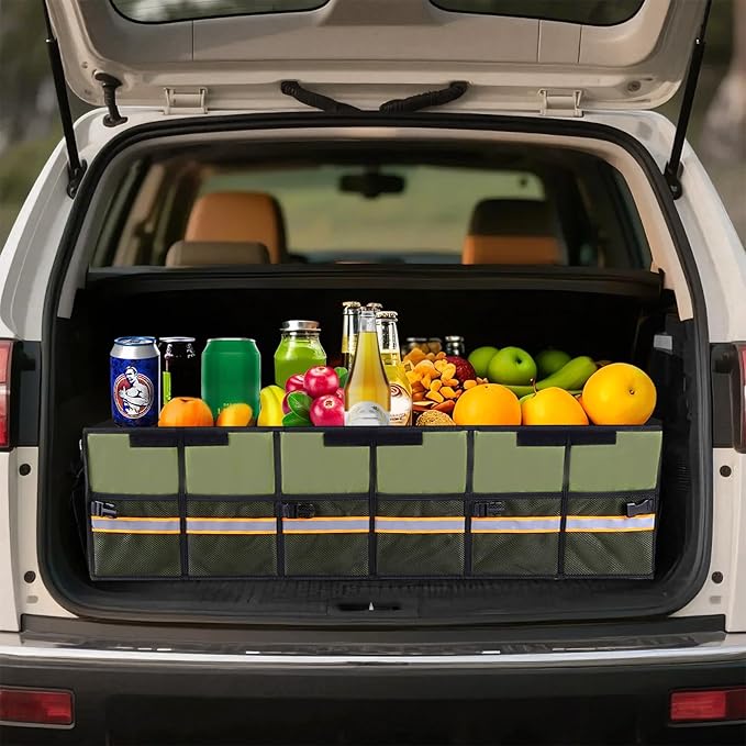 EAROND Car Trunk Organizer with Lid,Collapsible Car Storage Organizer with Multi Compartments and Securing Straps for SUV,Sedan,Jeep-Green