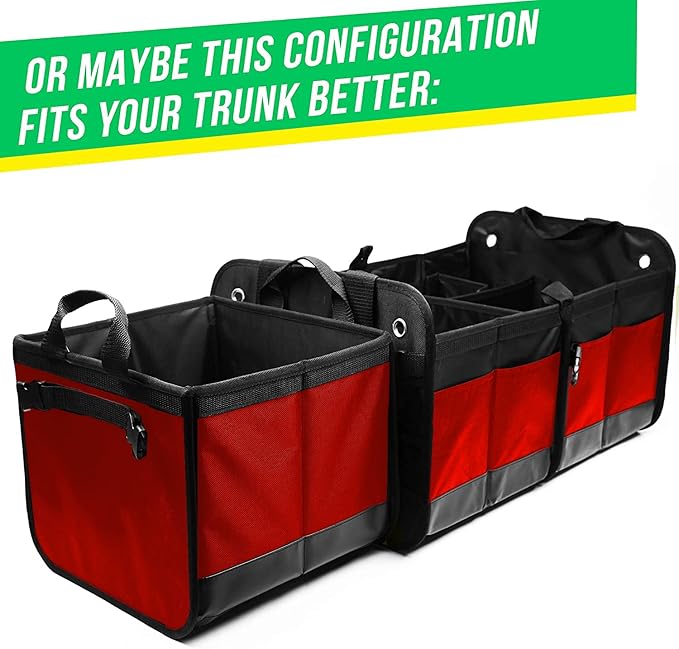 DURABLEZ XL Trunk Organizer 3-Section Modular – Extra Large Car Storage for Groceries & Travel Gear, Multi-Compartment Foldable Cargo Bin – Red
