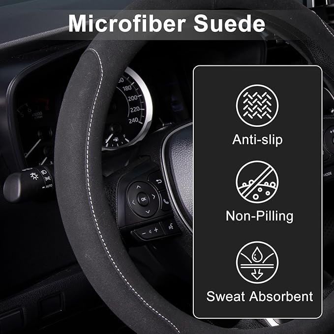 COFIT 15 inch Microfiber Suede Car Steering Wheel Cover, Universal Anti-Slip Grip Protector for SUV Truck, Black