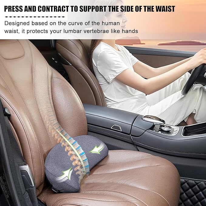 Car Lumbar Support Pillow, Memory Foam Comfortable Vehicle Seat Cushion for Driving, Sciatica Tailbone Pain Relief Driver Seat Pad, Universal Automotive Accessories (Grey)