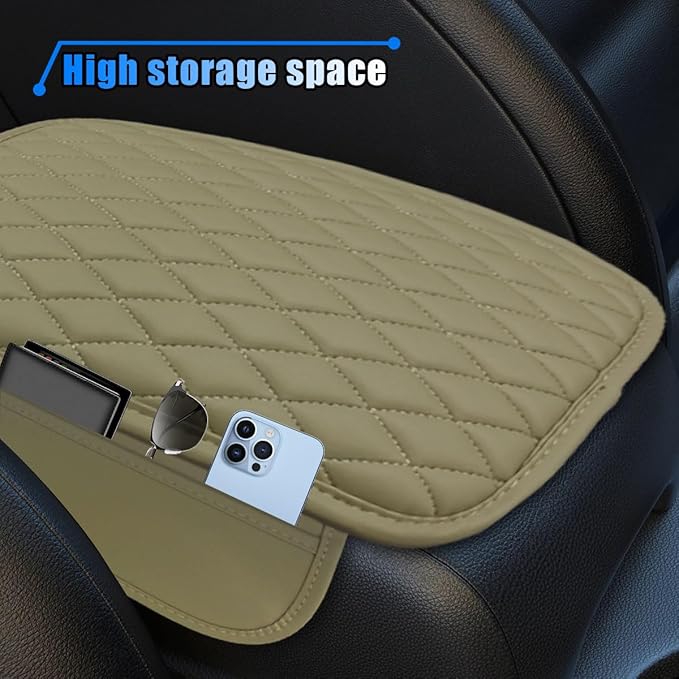 Car Center Console Cover, Car Armrest Cover Cushion, Leather Support Pad with 2 Storage Bags, Universal Interior Decorative Accessory for Most Vehicles, SUVs, Trucks, RVs (Beige)