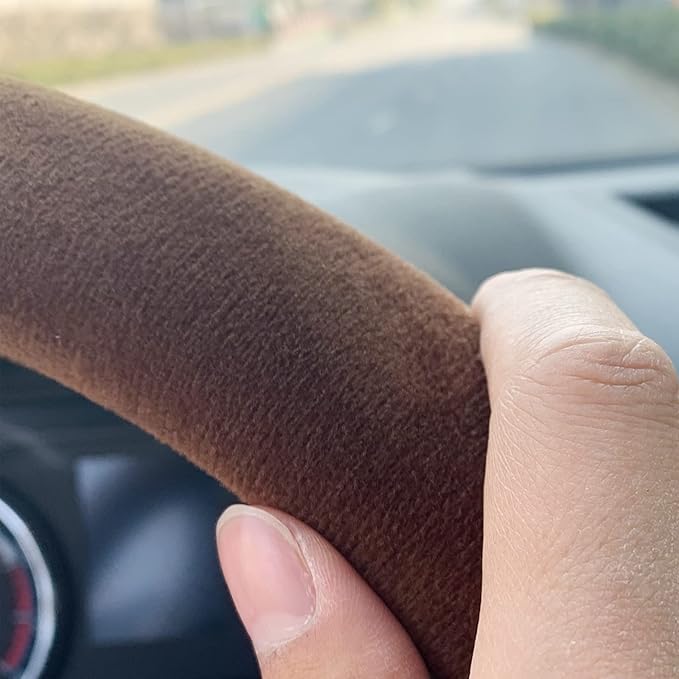 Fluffy Steering Wheel Cover, Short Plush Auto Accessories for Men and Women with Inner Ring Universal 15 Inch (Brown)