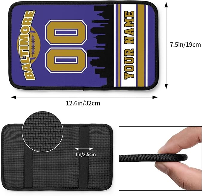 Custom Baltimore Car Armrest Covers Personalized Football Style with Name Number Customized Auto Center Console Pad Car Handrail Box Cushion for Most Vehicle Decor Accessories, Fans Gift