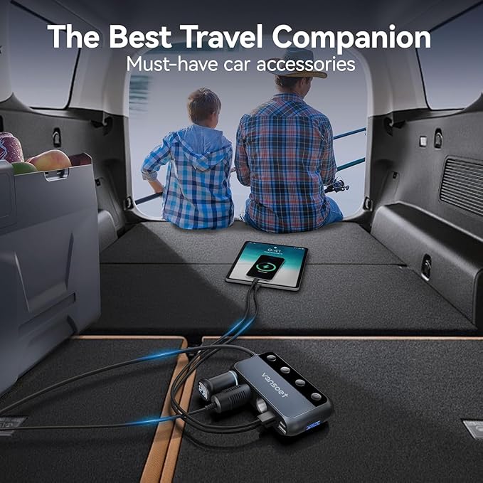 158W 9 in 1 Cigarette Lighter Splitter with 3 Socket Multi Port Car Charger Adapter Dual PD30W and 3 USB-A QC3.0 DC 12V/24V Independent Switches and Voltage Display for Car Truck Ipad Camping