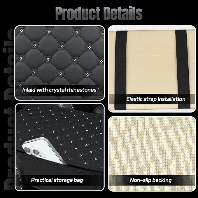 wuyaoyao Bling Car Center Console Cover, 11.81"×7.87" Leather Auto Arm Rest Cover Protector with 2 Storage Bags, Vehicle Crystal Rhinestone Armrest Cushion Pad, Interior Car Accessories (Black)