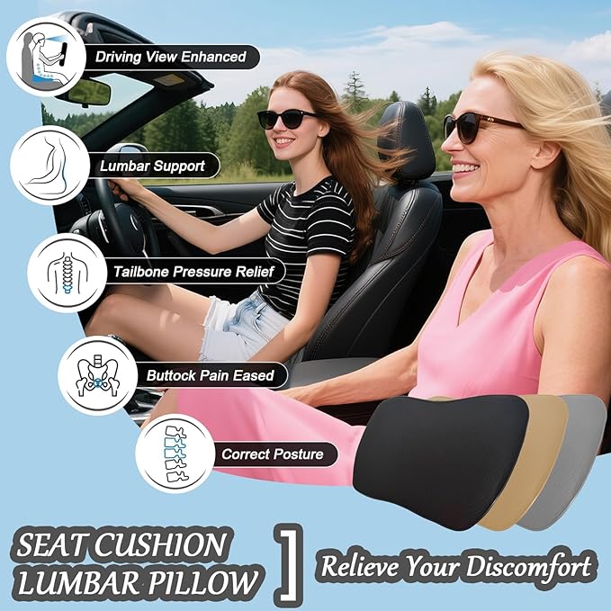 2 in 1 Wedge Car Seat Cushion or Lumbar Support - 3.2 inches Soft Memory Foam Cushion for Car Seat Driver for Comfort - Driving Cushion for Butt and Back Sciatica Pain Relief, Black