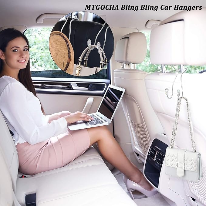 MTGOCHA Car Headrest Hooks Car Purse Hook(2 Pack),Bling Car Bag Hooks, Car Hook for Purses and Bags Cute Metal Car Purse Holder Hook, Bling Car Accessories for Women, Silver