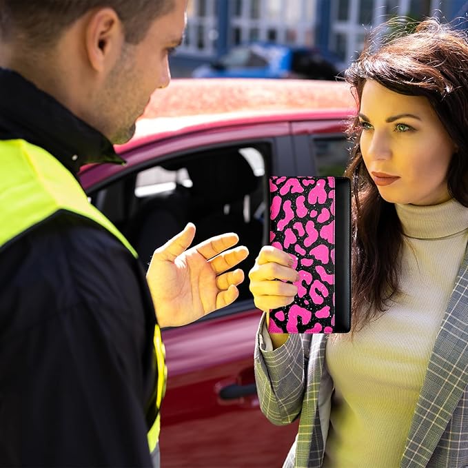 FinestHouse Car Registration and Insurance Holder with Magnetic Closure, Universal Document Organizer for License, Insurance Cards & Glove Box Storage (Leopard-Glitter Hot Pink)