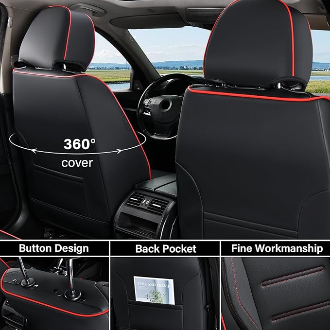 Coverado Car Seat Covers Full Set, Seat Covers for Cars, Car Seat Protector Waterproof, Leather Cushion, Universal Car Interior Covers Seat Protectors for Most Cars Black-Redline