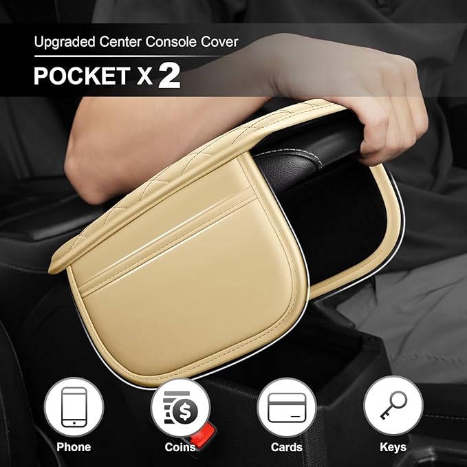 Upgraded Car Center Console Cover Fit for Venza Faux Leather Car Armrest Cover Cushion with 2 Storage Bags,Car Armrest Storage Box Interior Accessories(Beige&Whiteline)