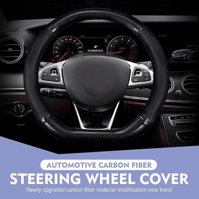 CyperFair D-Shaped Steering Wheel Cover – Carbon Fiber Pattern, Anti-Slip, Wear-Resistant, Sweat-sbsorbent Microfiber Leather Protector, Four Seasons Universal Fit (Black)