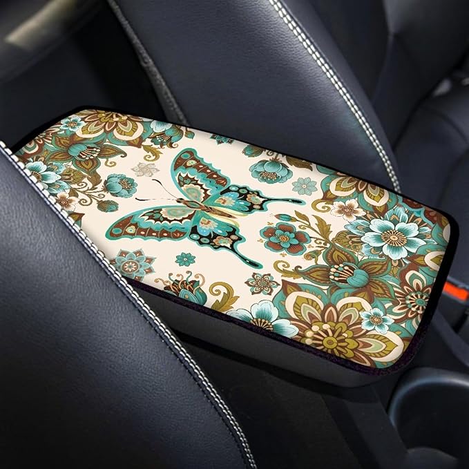 Butterfly Flowers Arm Rest Cover Car Easy to Install Car Console Covers Vehicle Armrest Cover Vehicle Accessories 12.3 x 7.5 Inch Fit for Most Cars, Vehicles, SUVs