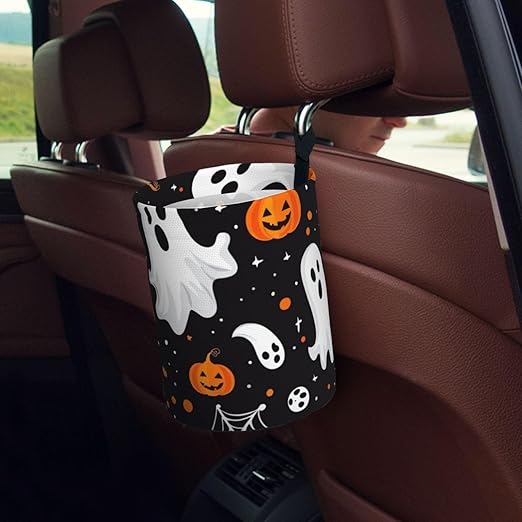 Cute Ghosts Pumpkins Car Trash Can Garbage Cans Foldable,Cute Hanging Car Organizer and Storage Bag Leak Proof, Auto Back Seat Trash Bin Universal for Truck, SUV, Outdoor Travel