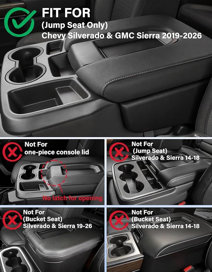 Center Console Armrest Cover for 2019-2026 Chevy Silverado/GMC Sierra 1500 2500 3500 HD, PU Leather Middle Console Lid Protector Arm Rest Cushion Anti-Scratch Thick Pad (Jump Seat Only)