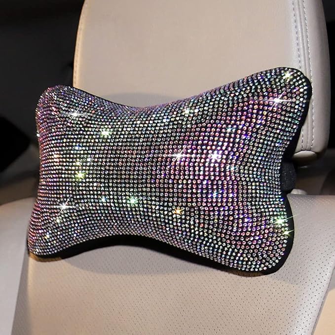 2 Pcs Colorful Bling Car Neck Pillow for Car Seat Driver, Auto Seat Headrest Cushion Driving Relax Neck Support Crystal Rhinestone Diamond Rainbow Bling Accessories for Woman