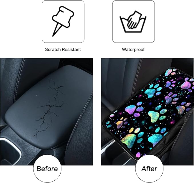 JANENFNA Car Armrest Cover Pads Universal Fashion Cute Auto Center Console Armrest Cover Pad with 2PCS Car Coasters Soft Waterproof Car Armrest Seat Protector for Women,Rainbow Paw Printz