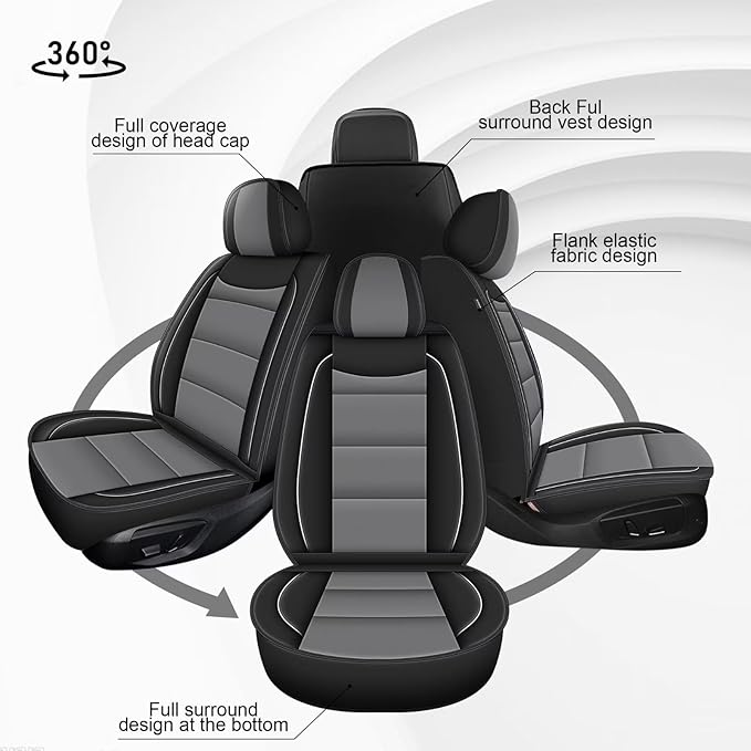 YORKNEIC 2 Front Seat Covers Fit for Kia Optima 2002-2020: Leather Car Seat Covers - Waterproof Car Seat Protector Compatible Airbag (Black & Grey)