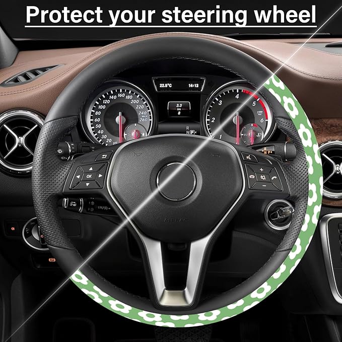 Car Steering Wheel Cover for Women Men, Non-Slip Breathable Cute Steering Wheel,Green Flowers Steering Wheel Protector, Car Accessories, Universal 14" 02/2-15" Fit Auto, Suvs