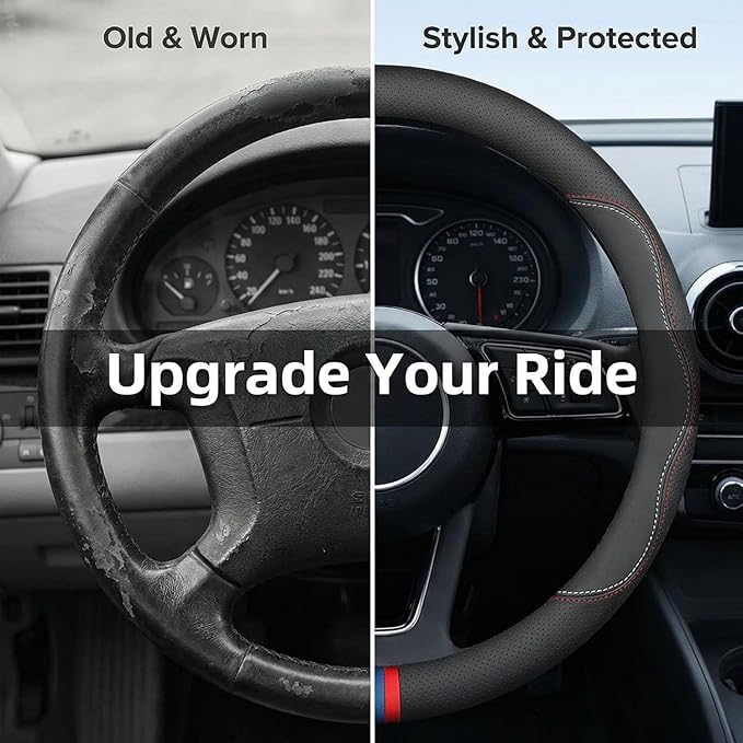 Leather Steering Wheel Cover for Chevy Silverado 1500 2500 3500, Colorado 14.5-15 inches Car Steering Wheel Cover, Black