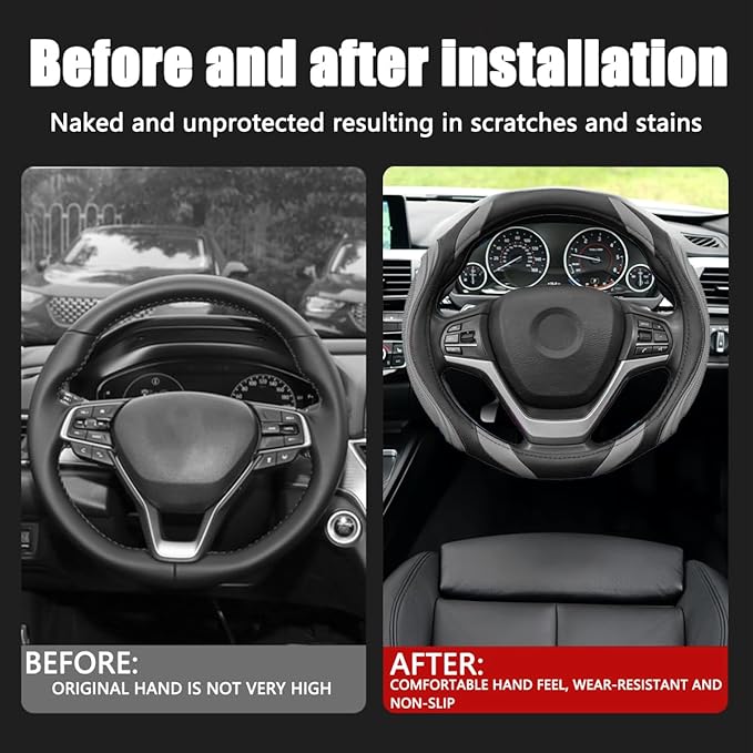 15 Inch Car Leather Steering Wheel Cover, Automotive Accessories Elastic Breathable Anti-Slip Soft Wheel Protector Fits Men and Women, Suitable for SUVs, Trucks, Vehicles and RVs (Gray)