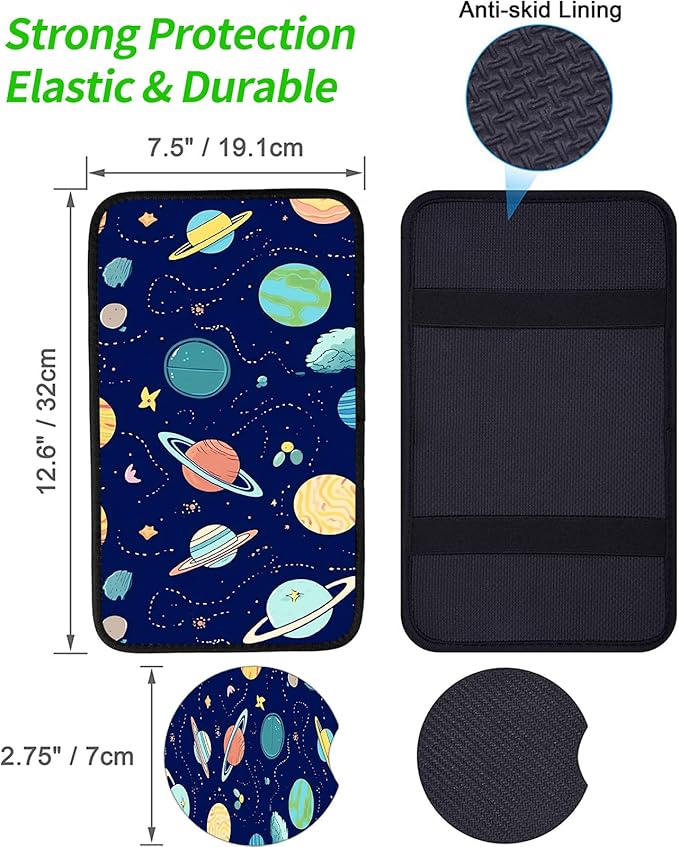 JANENFNA Car Armrest Cover Pads Universal Fashion Cute Auto Center Console Armrest Cover Pad with 2PCS Car Coasters Soft Waterproof Car Armrest Seat Protector for Women,Planets Stars