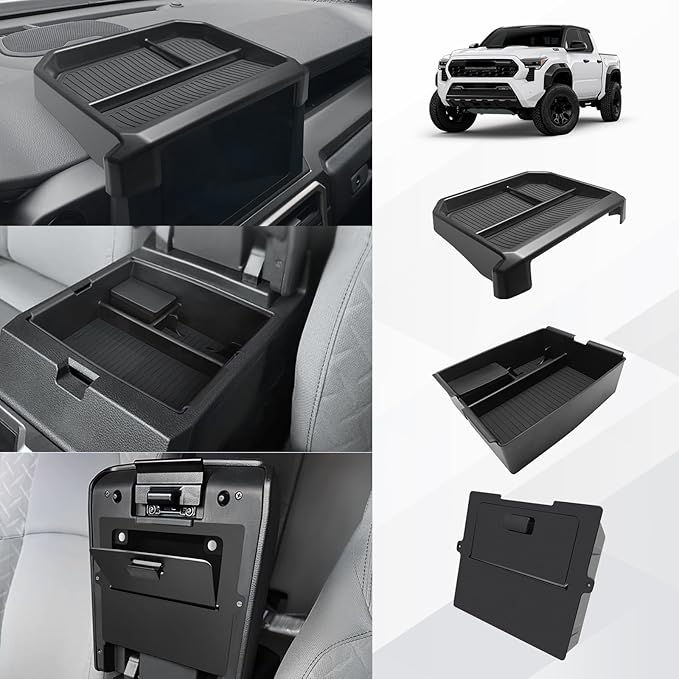 Muslogy Center Console Organizer Compatible with 2024 2025 Toyota Tacoma 4th Gen Accessories Interior Storage Box Insert Tray Phone Pocket(Dash Tray for 8-inch Screen+Console Organizer+Hidden Box)