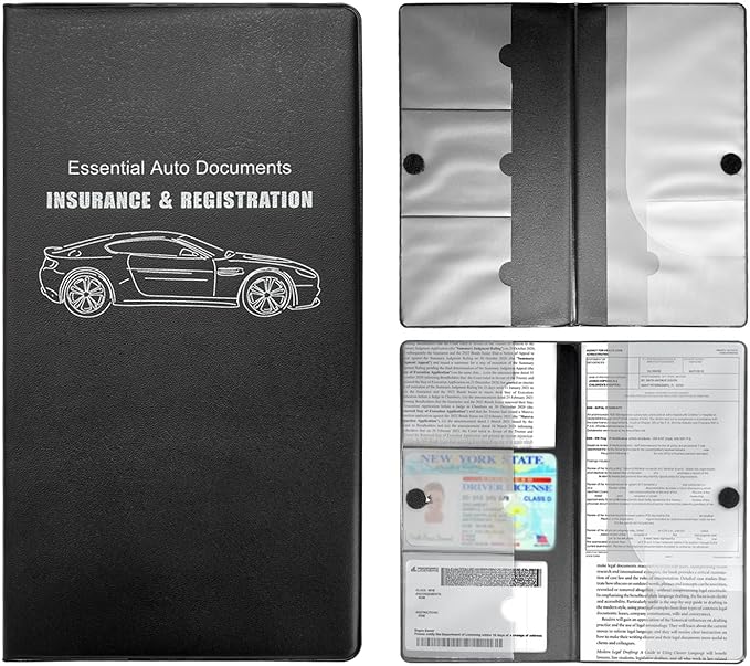 Car Registration and Insurance Holder, 10.39''×9.56'' Essential Auto Card Document Glove Box Organizer with Closure, Universal Car Interior Accessories (Black, Large Car)