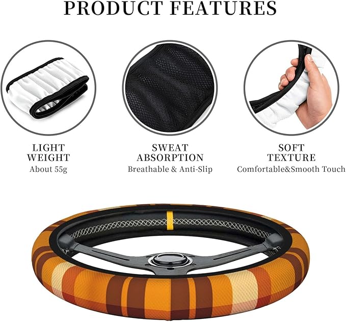 Steering Wheel Cover Polyester Thick Non-Slip Car Steering Wheel Cover Protector Universal 15 Inch, Yellow Buffalo Plaid,Check