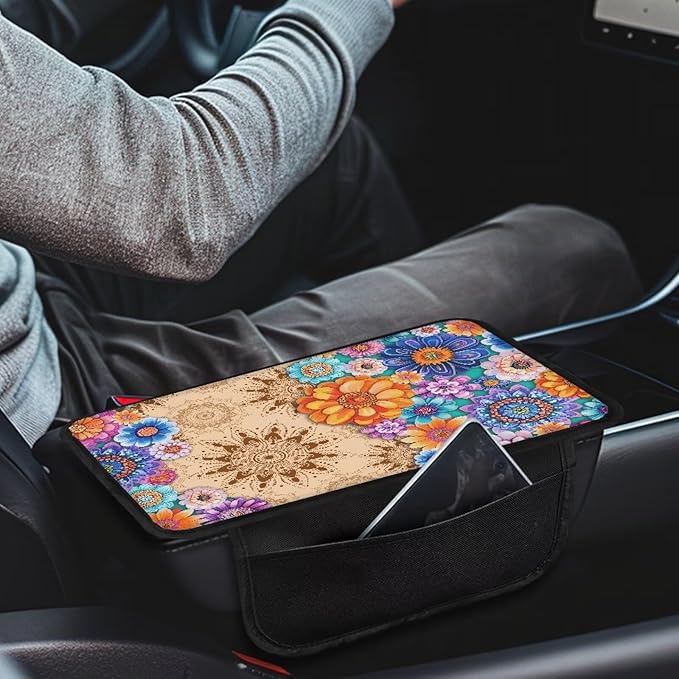 Dreaweet Car Center Console Cover with Pockets Boho Mandala Lotus Armrest Cover for Car Women,Universal Arm Rest Cover for Car Center Console for Truck SUV Cars Sedan