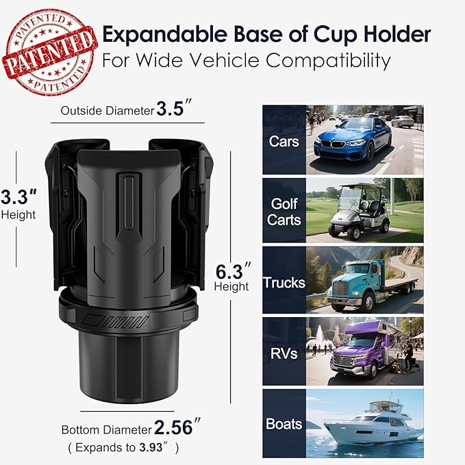 Cup Holder Expander, Cup Holder Expander for Car, Adjustable Cupholder for 2.6"- 4.8" Yeti, Hydro Flask, Nalgene, Takeya, Camelbak, Ramblers, Owala, Tumblers, Mugs, Bottles, with Sunglass Holder
