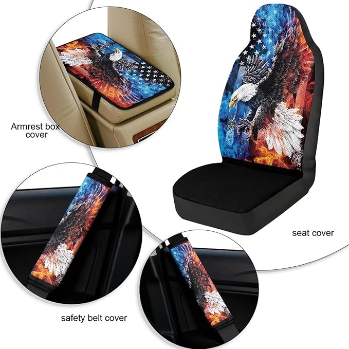 Qeluxign 5-Piece Car Accessories Set Universal Fit PU Leather Seat Covers Seatbelt Pads and Armrest Cover for Cars, Trucks, SUVs,Flame Eagle American Flag