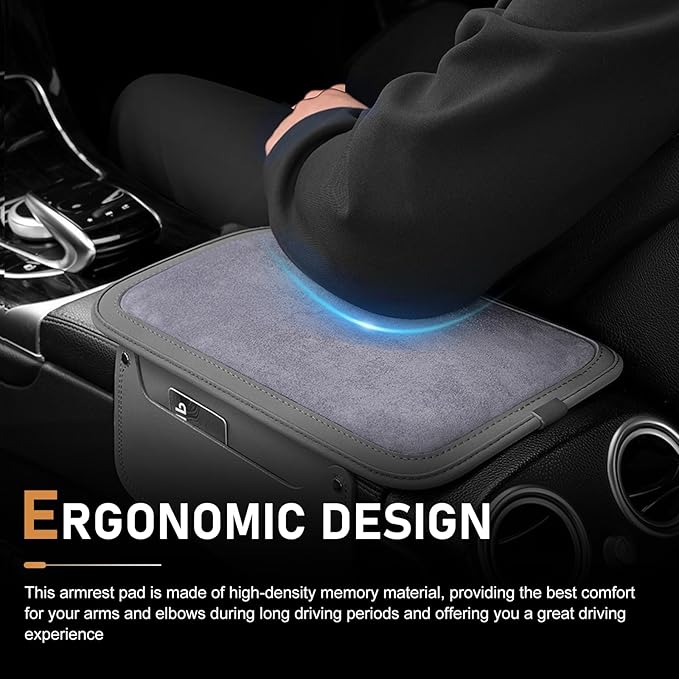 Upgraded Car Center Console Cover, Furry Soft & Comfortable Center Elbow Cushion with Two Side Storage Pockets, Luxury Leather Plush Armrest Pad Decoration, for Most Vehicles (Gray)