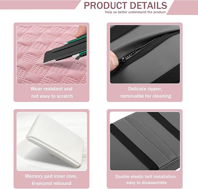 Hbxdeco Car Armrest Cushion, 12.2"×8.3" Leather Auto Memory Foam Center Console Pad with Storage Pocket, Waterproof & Anti-Scratch Elbow Pillow Armrest Seat Box Protector, Universal Fit (Pink)