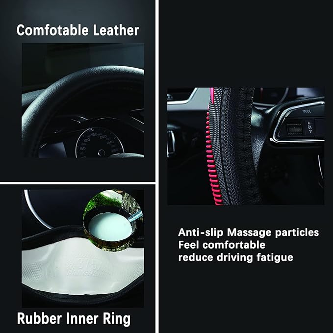 Yangday Leather Steering Wheel Cover for Dodge Ram 1500 2500 3500, 15.5-16 Inches Car Steering Wheel Cover with Anti-Slip Massage Particle (Red)