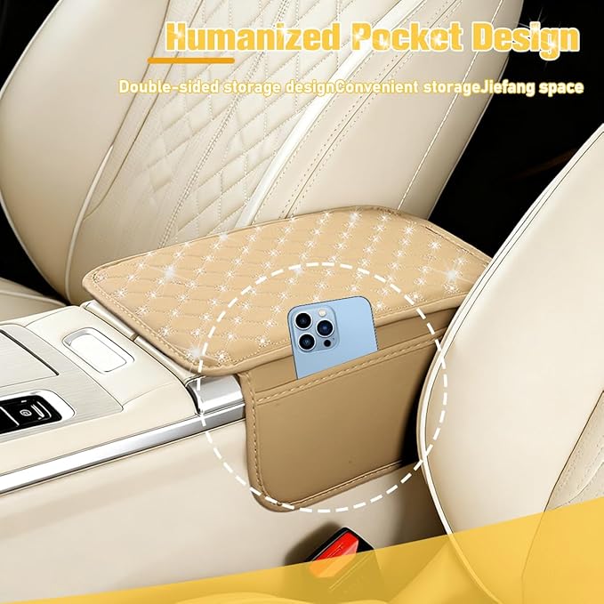 Car Center Console Cover, Leather Vehicle Armrest Storage Box Protector with 2 Storage Bags, Automotive Interior Middle Console Cushion Pad, Universal for SUV Sedan Truck (Beige)