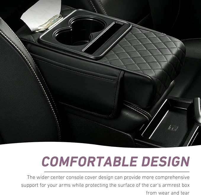 Car Armrest Box Mat, Car Console Organizer with Center Console Cup Holder, 13.78 x 7.87 x 3.15 in Armrest Pad, Universal for Most Vehicles (Black)