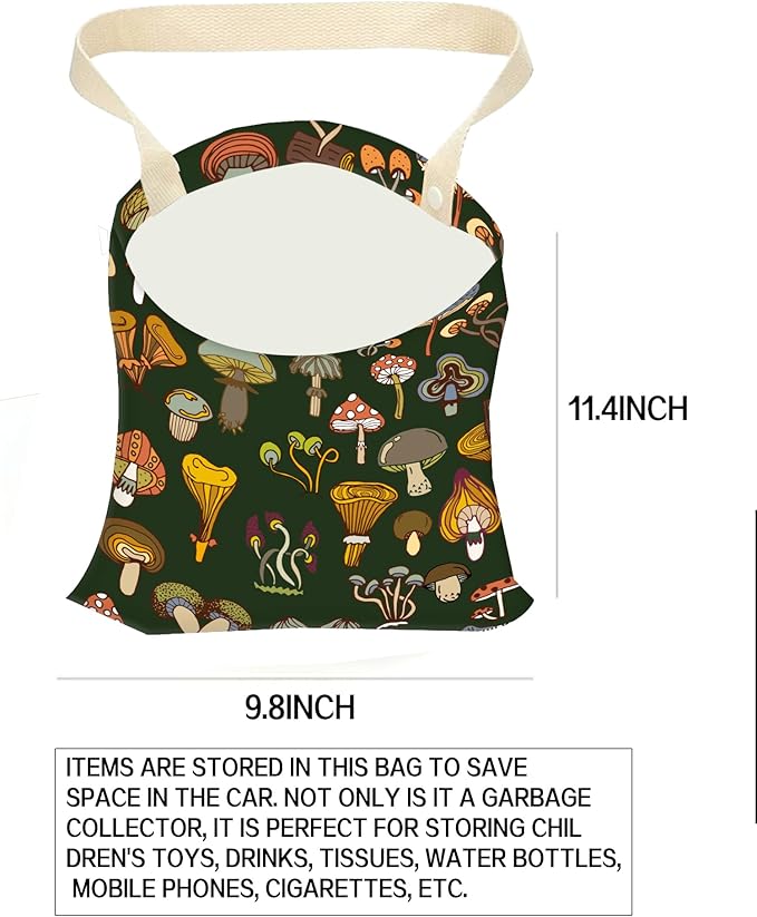 Car Garbage Can, Hanging Car Trash Can Bag for Cute Car Back Seat Organizer, Green Boho Mushrooms