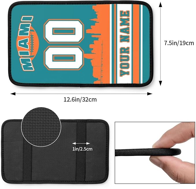 Custom Miami Car Armrest Covers Personalized Football Style with Name Number Customized Auto Center Console Pad Car Handrail Box Cushion for Most Vehicle Decor Accessories, Fans Gift