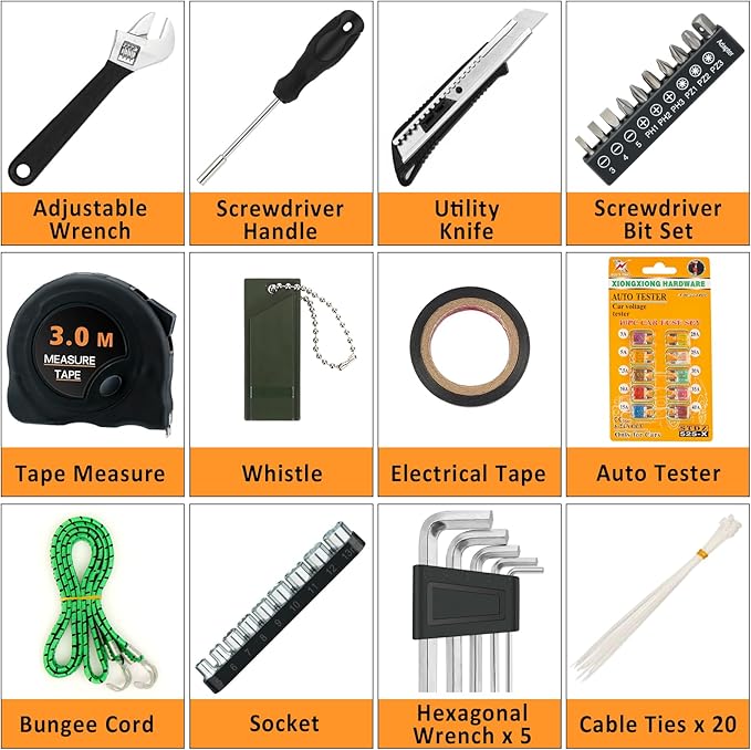 AUTODECO 98 PCS Roadside Car Emergency Assistance Kit with Portable Air Compressor Jumper Cables Safety Hammer All in One Pliers Tool Set（Black）