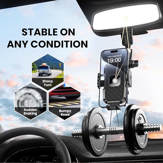 Phone Holders for Your Car, Rear View Mirror Phone Holder, 360° Rotating Car Phone Holder Mount Compatible with All 4"-7" iPhone and Android Cell Phones