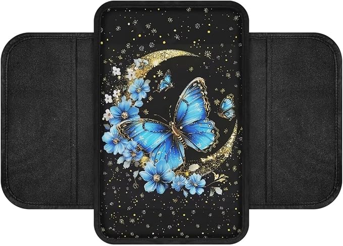 BIGCARJOB Blue Butterfly Car Center Console Cover Universal Armrest Cover for Car Center Console with Side Storage Portable Middle Console Cover Auto Center Console Organizer Bag