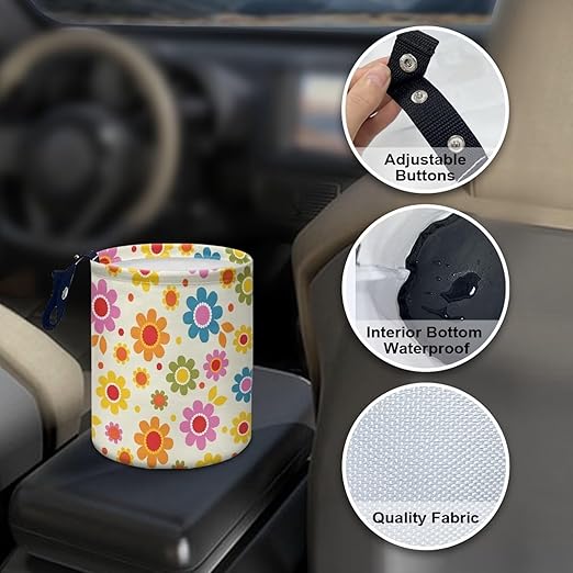 Cute Hippie Flower Mini Car Trash Bin Car Garbage Can Car Storage Bag Waterproof Multipurpose Car Organizer Car Accessories for Women Interior