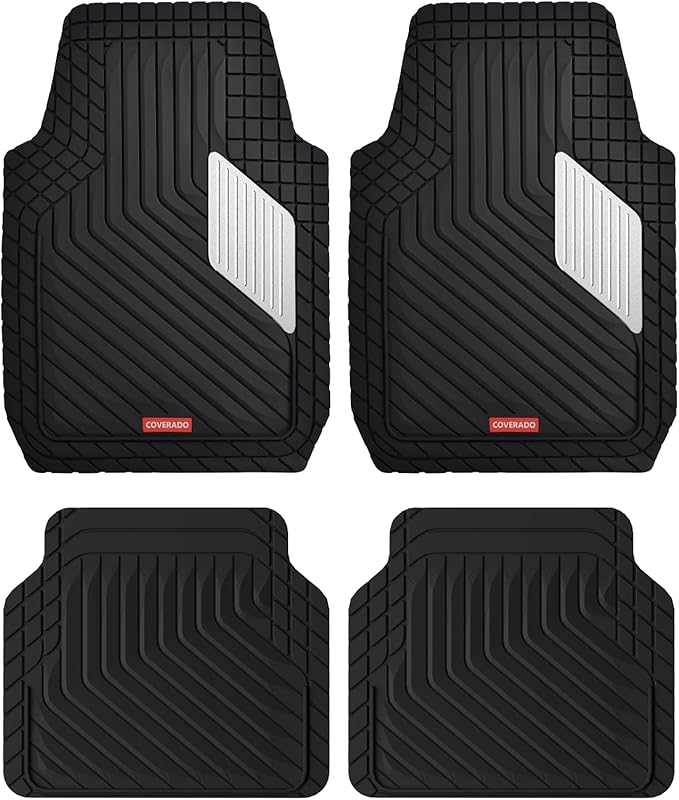 Coverado Car Floor Mats Full Set – Heavy-Duty PVC Floor Mats with Silver Metallic Heel Pad, All-Weather Protection for Front & Rear, Non-Slip Backing, Easy-Clean Interior Liners